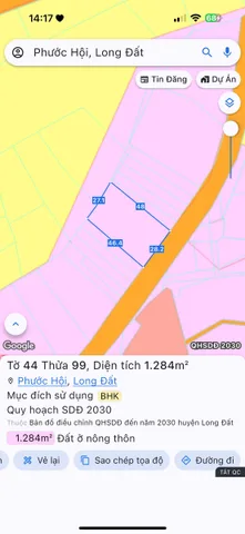 Bán Đất 1284m2 giá 5 tỷ tại Xã Phước Hội Huyện Đất Đỏ Bà Rịa - Vũng Tàu