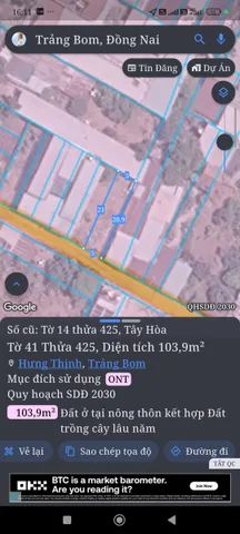 Bán Đất 103.9m2 có sẵn 103.9 m2 thổ cư giá 950 triệu tại Xã Tây Hoà Huyện Trảng Bom Đồng Nai