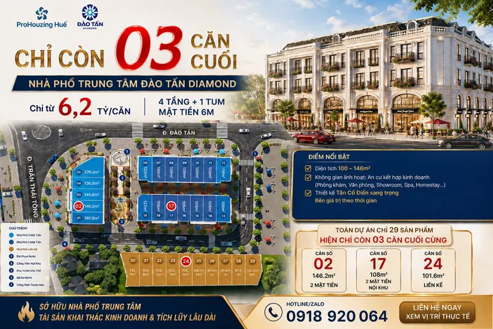 3 Căn cuối cùng tại Đào Tấn Diamond, cơ hội sở hữu nhà phố trung tâm thành phố Huế