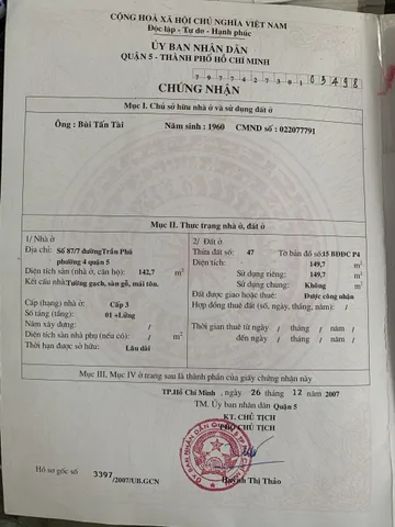 Bán Nhà Hẻm 87/7 Trần Phú, P4, Q5