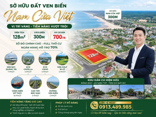 Đất Nền Ven Biển Full Thổ Cư - 2  Mặt Tiền - 300m Đến Bãi Tắm Nam Cửa Việt - Quảng Trị