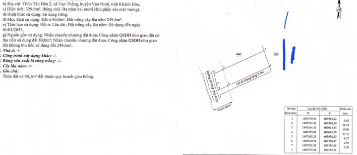 Bán Đất 329.6m2 có sẵn 80 m2 thổ cư giá 4.94 tỷ tại - Chọn - Xã Vạn Thắng Huyện Vạn Ninh Khánh Hòa