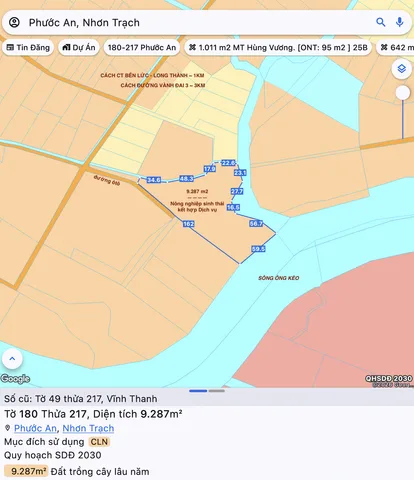 Đất mặt sông Ông Kèo - Nhơn Trạch / Diện tích 9.287 m2 / Thích hợp làm khu nghỉ dưỡng sinh thái ven sông