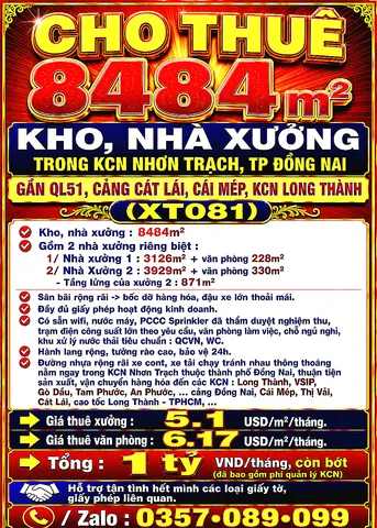 8484m2 CHO THUÊ KHO, NHÀ XƯỞNG KCN NHƠN TRẠCH, ĐỒNG NAI GẦN QL51, CẢNG CÁT LÁI, CÁI MÉP, LONG THÀNH (XT081)