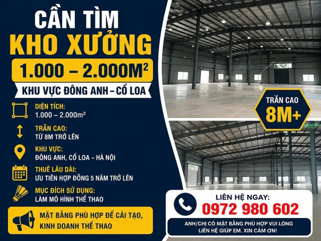 CẦN TÌM KHO XƯỞNG LÀM THỂ THAO – ĐÔNG ANH, CỔ LOA