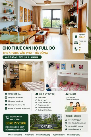 Cho thuê ngay căn hộ The K-Park Văn Phú – 70m², 2 ngủ 2WC full nội thất