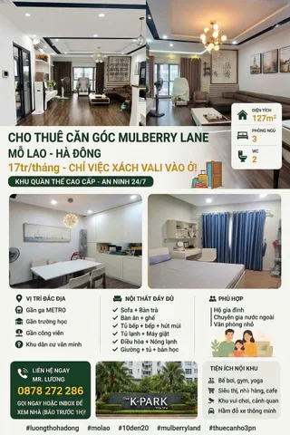 Sống đẳng cấp tại Mulberry Lane Mỗ Lao - 127m² 3PN Full đồ chỉ 17tr/tháng