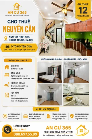 GẦN TIMES CITY – CHO THUÊ NGUYÊN CĂN NGÕ 124 MINH KHAI – Ô TÔ ĐỖ TẬN CỬA – 12 TRIỆU/THÁNG