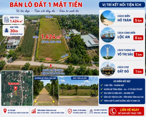 Bán Đất 1424m2 có sẵn 300 m2 thổ cư giá 2.6 tỷ tại Đường Huyện Đất Đỏ Thị trấn Đất Đỏ Huyện Đất Đỏ Bà Rịa - Vũng Tàu