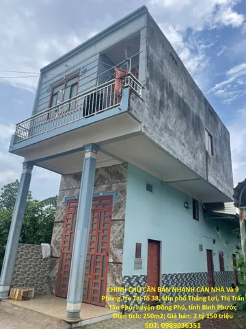 Bán Nhà riêng 250m2 có sẵn 250 m2 thổ cư giá 2.15 tỷ tại - Chọn - Xã Phú Riềng Huyện Phú Riềng Bình PhướcCHÍNH CHỦ CẦN BÁN NHANH CĂN NHÀ Và 9 Phòng Trọ Tại Phường Đồng Phú, Tỉnh Đồng Nai