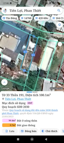 Bán Đất 100m2 có sẵn 100 m2 thổ cư giá 1.4 tỷ tại Xã Tiến Lợi Thành phố Phan Thiết Bình Thuận