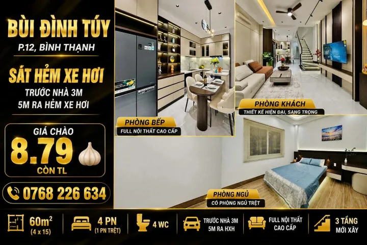 Bán Nhà riêng 60m2 có sẵn 60 m2 thổ cư giá 8.79 tỷ tại Đường Bùi Đình Tuý Phường 12 Quận Bình Thạnh TP. Hồ Chí Minh