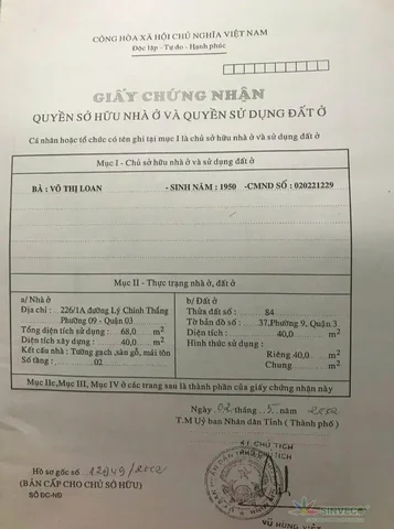 Bán Nhà Hẻm 228-226/1A Lý Chính Thắng, Phường 9, Quận 3