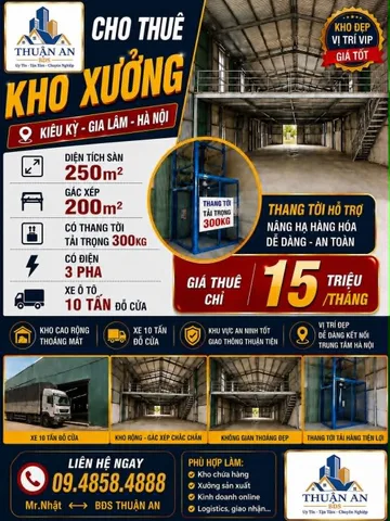 Cho thuê Kho, nhà xưởng 250m2 giá 15 triệu tại Đường Kiêu Kỵ Xã Kiêu Kỵ Huyện Gia Lâm Hà Nội