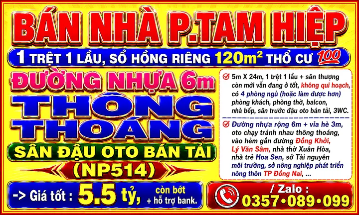 120m2 BÁN NHÀ TAM HIỆP, 1TRỆT 1LẦU, SỔ HỒNG THỔ CƯ 💯 ĐƯỜNG NHỰA 6m THÔNG, SÂN OTO BÁN TÀI