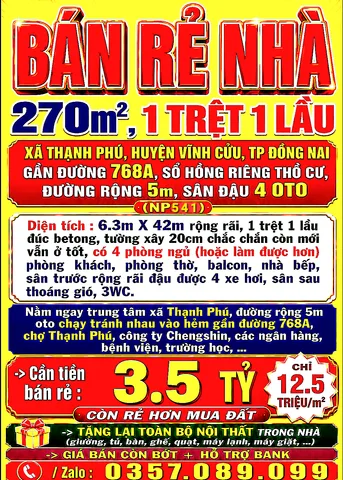 270m2, 1TRỆT 1LẦU BÁN RẺ NHÀ GẦN CHỢ, BÁCH HÓA XANH XÃ THẠNH PHÚ, HUYỆN VĨNH CỬU, ĐƯỜNG 5m, SÂN ĐẬU 4 OTO