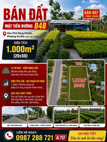 Bán Đất 1000m2 có sẵn 200 m2 thổ cư giá 8 tỷ tại Đường Tỉnh Đt 848 Xã Tân Khánh Đông Thành phố Sa Đéc Đồng Tháp