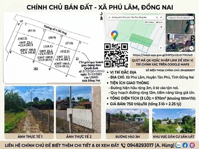 Bán Đất 190m2 có sẵn 100 m2 thổ cư giá 750 triệu tại xã Phú Lâm km 138 TP Đồng Nai