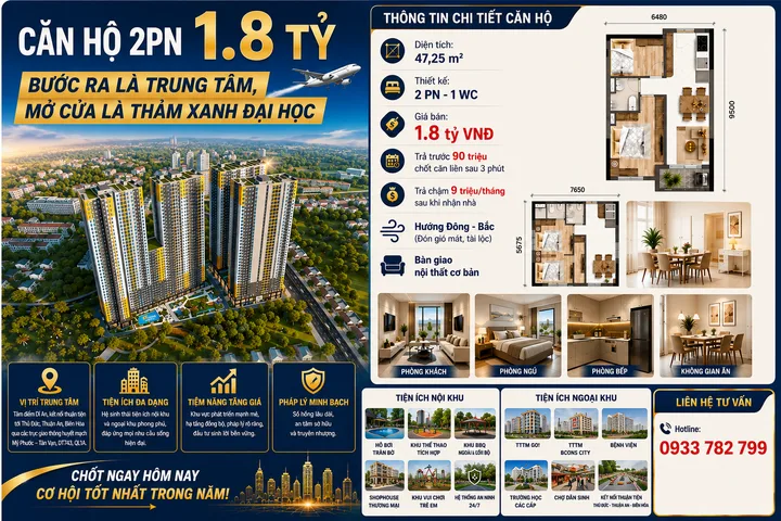 Căn hộ 2PN chỉ 1,8 Tỷ – Sở Hữu Căn Hộ Ngay TTTM - Làng Đại Học Thủ Đức!