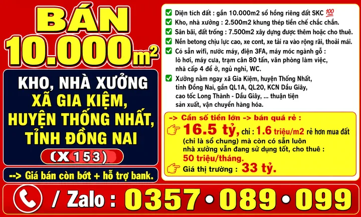 10000m2 BÁN RẺ KHO, NHÀ XƯỞNG XÃ GIA KIỆM, HUYỆN THỐNG NHẤT, TP ĐỒNG NAI, GẦN QL1A, QL20 (X153)