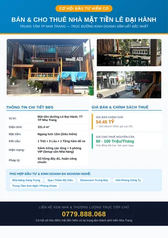 Bán Nhà riêng 331.4m2 có sẵn 331.4 m2 thổ cư giá 54.45 tỷ tại Đường Lê Đại Hành Phường Tân Lập Thành phố Nha Trang Khánh Hòa