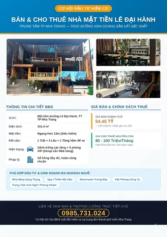 Cho thuê Nhà riêng 331.4m2 giá 82 triệu tại Đường Lê Đại Hành Phường Tân Lập Thành phố Nha Trang Khánh Hòa