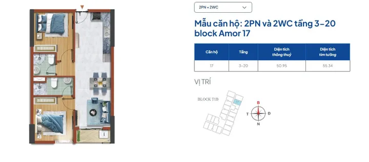 Căn hộ 2PN 2WC 55m2 Destino Centro – Giá 1,9 tỷ, Thanh toán 380 triệu nhận nhà