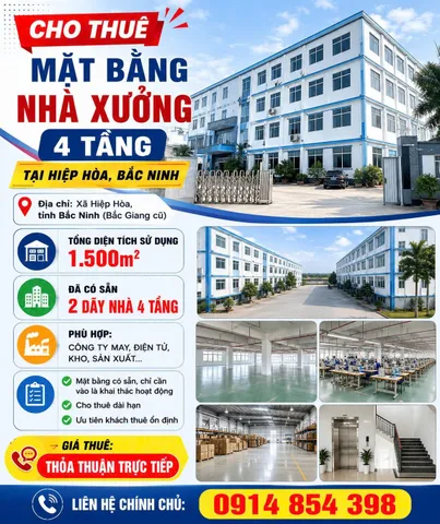 CHO THUÊ MẶT BẰNG - NHÀ XƯỞNG 4 TẦNG TẠI HIỆP HÒA, BẮC NINH