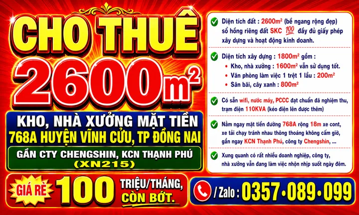 2600m2 CHO THUÊ KHO, NHÀ XƯỞNG MẶT TIỀN 768A HUYỆN VĨNH CỬU, TP ĐỒNG NAI GẦN KCN THẠNH PHÚ (XN215)