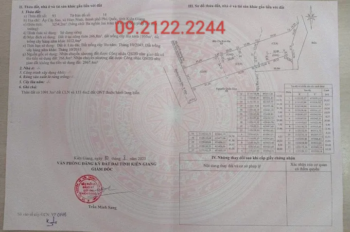 Bán Đất 3234.2m2 có sẵn 266.8 m2 thổ cư Cây Sao giá 32.34 tỷ tại Xã Hàm Ninh Đặc Khu Phú Quốc
