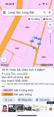 Bán Đất 1134m2 có sẵn 400 m2 thổ cư giá 2.6 tỷ tại Xã Long Tân Huyện Đất Đỏ Bà Rịa - Vũng Tàu