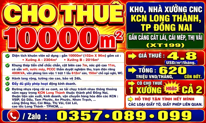 10000m2 CHO THUÊ KHO, NHÀ XƯỞNG CNC KCN LONG THÀNH, TP ĐỒNG NAI GẦN CẢNG CÁT LÁI, CÁI MÉP, THỊ VẢI
