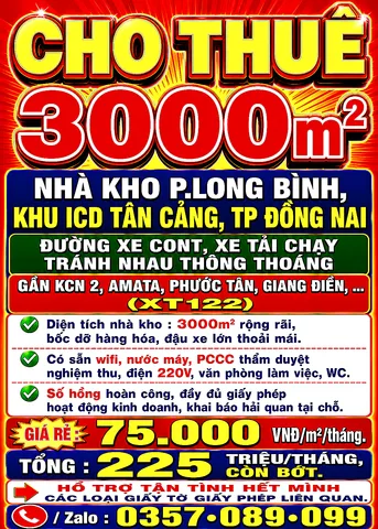 3000m2 CHO THUÊ KHO LONG BÌNH, KHU ICD TÂN CẢNG, BIÊN HÒA, TP ĐỒNG NAI GẦN KCN 2, AMATA, PHƯỚC TÂN, GIANG ĐIỀN