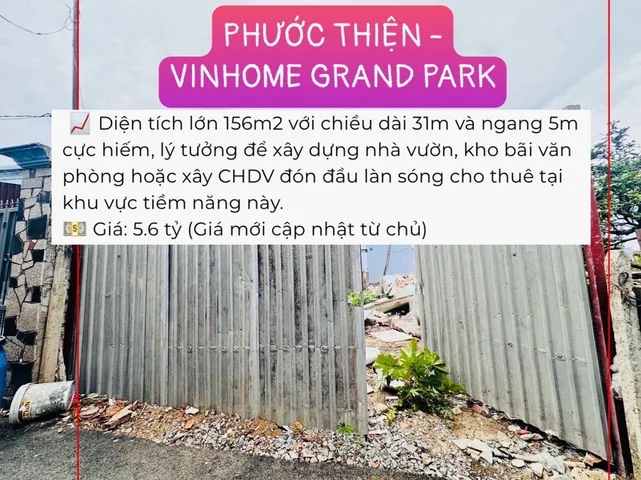 Bán Đất 156m2 có sẵn 154.1 m2 thổ cư giá 5.6 tỷ tại Đường Phước Thiện Phường Long Bình Quận 9 TP. Hồ Chí Minh