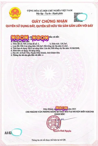 Bán Đất 129m2 có sẵn 108 m2 thổ cư giá 700 triệu tại Xã Suối Tiên Huyện Diên Khánh Khánh Hòa
