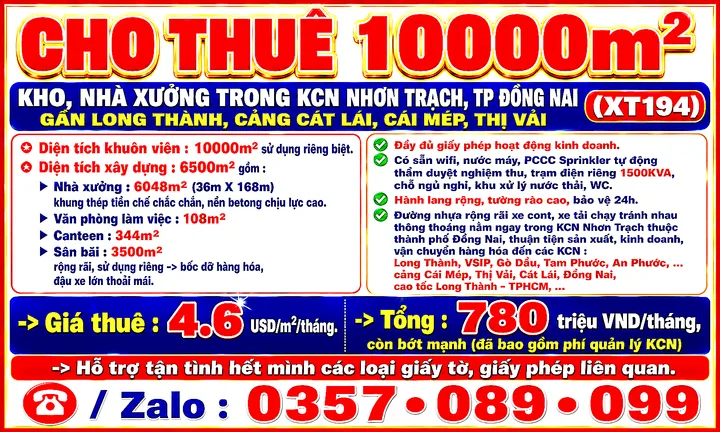 10000m2 CHO THUÊ KHO, NHÀ XƯỞNG KCN NHƠN TRẠCH, TP ĐỒNG NAI GẦN LONG THÀNH, CẢNG CÁI MÉP, THỊ VẢI (XT194)