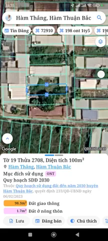 Bán Đất 100m2 có sẵn 100 m2 thổ cư giá 780 triệu tại Xã Hàm Thắng Huyện Hàm Thuận Bắc Bình Thuận