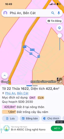 Bán Đất 422m2 có sẵn 100 m2 thổ cư giá 3.68 tỷ tại Xã Phú An Thị xã Bến Cát Bình Dương