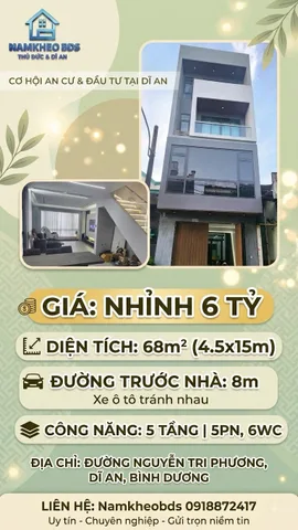 BÁN NHÀ CHỢ DĨ AN - 5 TẦNG SMARTHOME - 68M2 ĐƯỜNG NHỰA 8M , GIÁ 6.8 TỶ THƯƠNG LƯỢNG