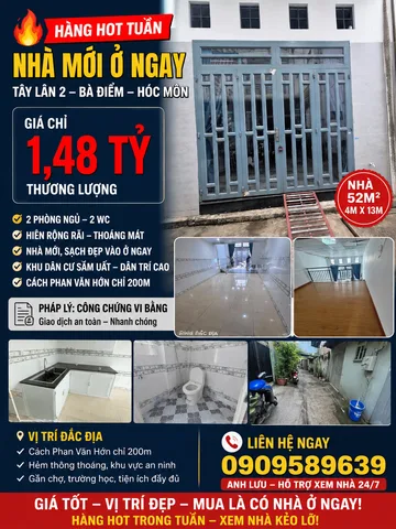 Bán Nhà riêng 52m2 có sẵn 52 m2 thổ cư giá 1.48 tỷ tại Đường Tây Lân 2 Xã Bà Điểm Huyện Hóc Môn TP. Hồ Chí Minh