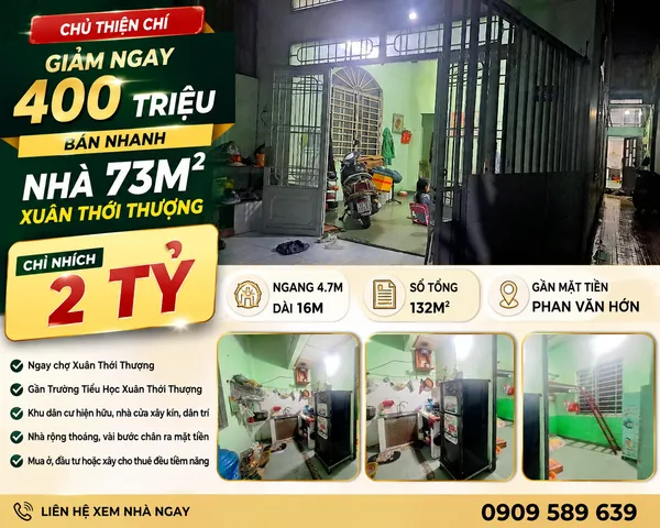Bán Nhà riêng 132m2 có sẵn 73 m2 thổ cư giá 2 tỷ tại 1/ phan văn hớn Xã Bà Điểm Huyện Hóc Môn TP. Hồ Chí Minh