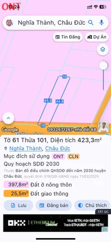 Bán Đất 423m2 có sẵn 40 m2 thổ cư giá 2.6 tỷ tại Đường số 29 Xã Nghĩa Thành Huyện Châu Đức Bà Rịa - Vũng Tàu