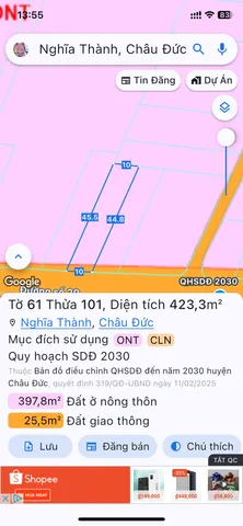 Bán Đất 423m2 có sẵn 40 m2 thổ cư giá 2.5 tỷ tại Đường số 29 Xã Nghĩa Thành Huyện Châu Đức Bà Rịa - Vũng Tàu