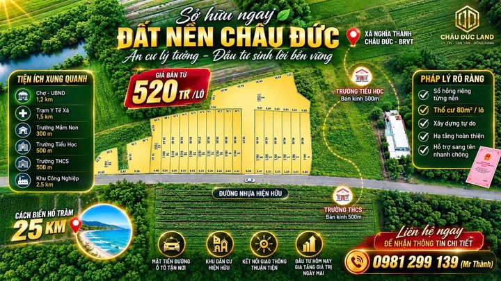 5x40m 200m2 có sẵn 80 m2 thổ cư giá 520 triệu tại - Chọn - Xã Đá Bạc Huyện Châu Đức Bà Rịa - Vũng Tàu
