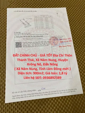 Bán Đất 900m2 có sẵn 900 m2 thổ cư giá 1.8 tỷ tại - Chọn - Xã Nâm Nung Huyện Krông Nô Đắk NôngĐẤT CHÍNH CHỦ - GIÁ TỐT Địa Chỉ Thôn Thanh Thái, Xã Nâm Nung, Huyện Krông Nô, Đắk Nông
