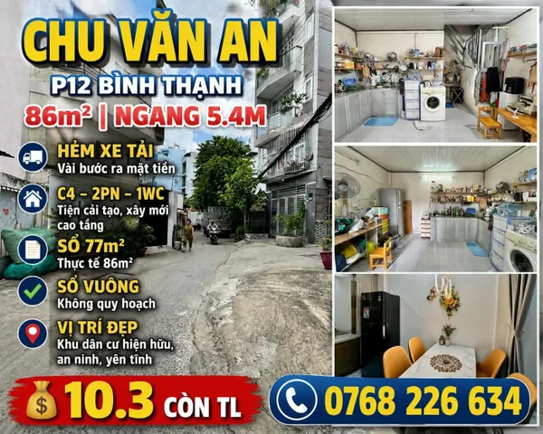 Bán Nhà riêng 86m2 có sẵn 77 m2 thổ cư giá 10.3 tỷ tại Đường Chu Văn An Phường 12 Quận Bình Thạnh TP. Hồ Chí Minh