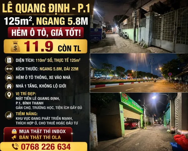 Bán Nhà riêng 125m2 có sẵn 125 m2 thổ cư giá 11.9 tỷ tại Đường Lê Quang Định Phường 01 Quận Bình Thạnh TP. Hồ Chí Minh