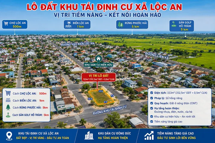 Bán Đất 153m2 có sẵn 153 m2 thổ cư giá 1.7 tỷ tại Xã Lộc An Huyện Đất Đỏ Bà Rịa - Vũng Tàu