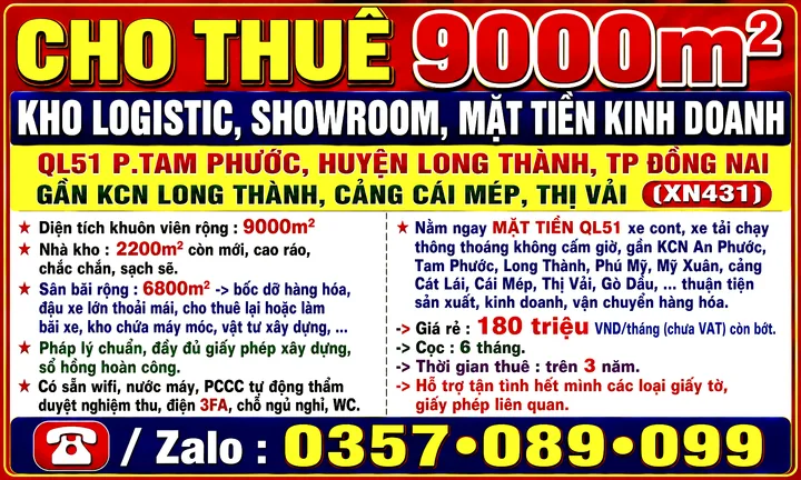 9000m2 CHO THUÊ KHO LOGISTIC MẶT TIỀN KINH DOANH QL51 P.TAM PHƯỚC, GẦN KCN LONG THÀNH, CẢNG CÁI MÉP, THỊ VẢI