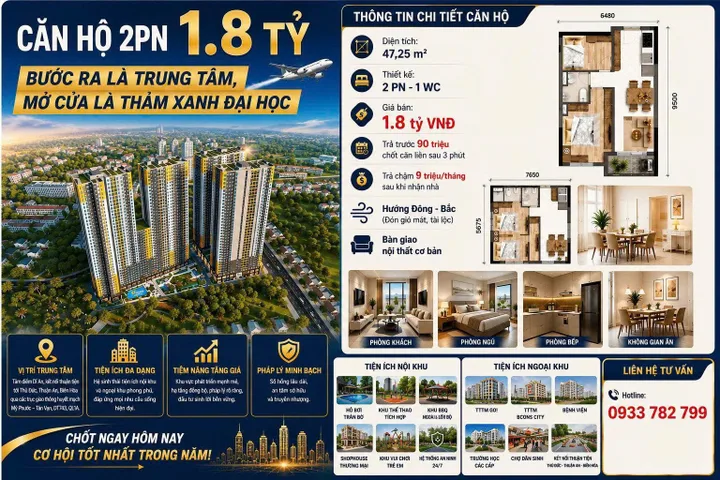 Căn hộ TT làng đại học 2PN chỉ 1,8 Tỷ !